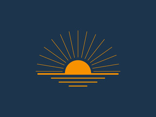 A minimalist illustration of a sunset featuring a prominent orange sun dipping towards the horizon