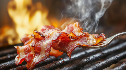 Crispy bacon slices sizzling on a grill with smoky flames.