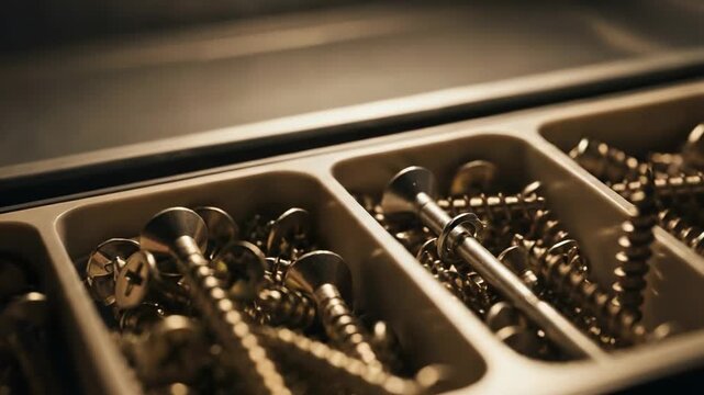 Close-up of assorted metal screws in a plastic organizer tray. Workshop hardware and fasteners sorted in compartments for construction and DIY projects.