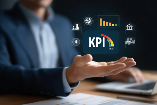 Business executive using KPI performance indicators with AI data analytics and digital dashboards to measure growth, optimize strategy, and digital transformation management - Powered by Adobe