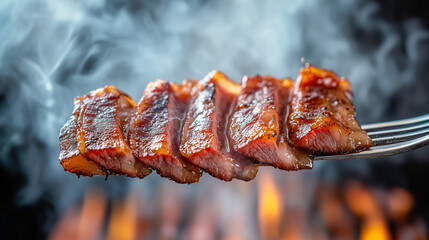 Juicy grilled meat on a fork with smoky flames in the background.