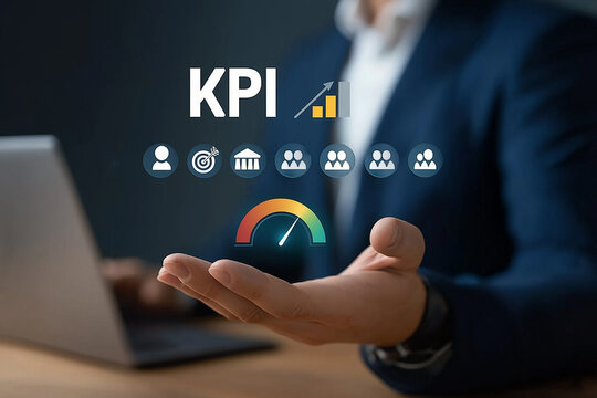 Business executive using KPI performance indicators with AI data analytics and digital dashboards to measure growth, optimize strategy, and digital transformation management