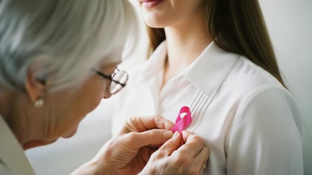 Senior woman pinning a pink ribbon on a younger person's shirt. Breast cancer awareness, support, and family concept.