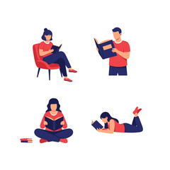 people Reading book  - Flat Style 2D Vector Illustration of Everyday Life Scene