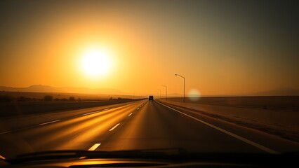 Sunlit desert highway with long shadows and a distant vehicle silhouette, evoking warmth and journey.
