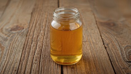 Natural honey in a high glass container on a rustic wooden surface