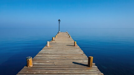 Fototapeta premium Wooden pier stretching into calm ocean, a serene escape into simplicity and peace
