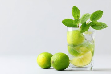 Refreshing Lime and Mint Drink with Fresh Ingredients in Clear Glass on Light Background