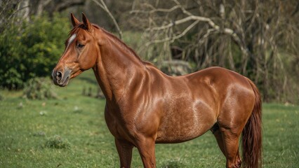 Fototapeta premium Photo of an elegant sorrel Arabian horse in open space