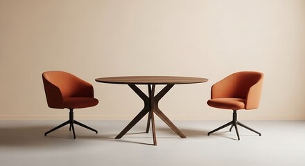 A modern dining set featuring a round wooden