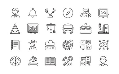 Collection of thin line icons representing education technology and business concepts