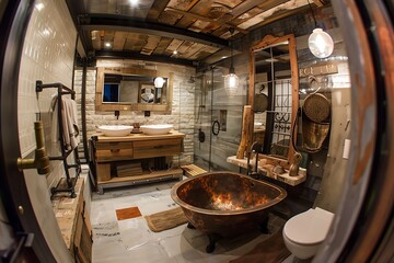 Luxurious bathroom interior with copper bathtub, wooden vanity, and unique design elements