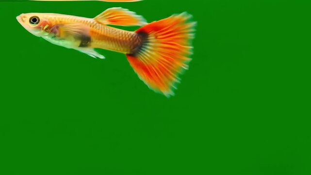A guppy fish with orange tail against a green background
