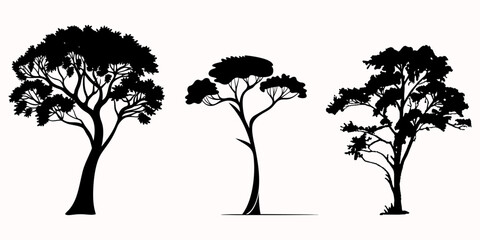 Fototapeta premium Silhouettes of various trees in a forest on white background. Vector illustration. 