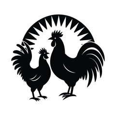 Fototapeta premium Two Roosters Crowing at Sunrise Silhouette