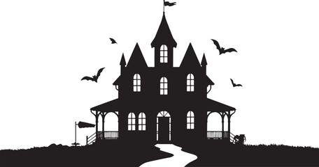 Silhouette of a haunted house with bats flying around on a white background for halloween theme