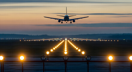 Airplane Flying Over Runway with Bright Yellow Lights at Dusk