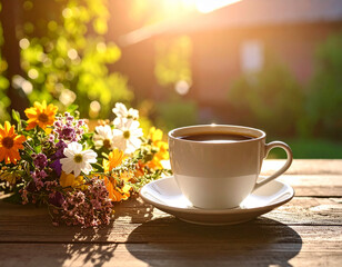 Fototapeta premium Ceramic Coffee Cup with Fresh Flower Arrangement