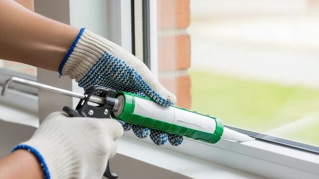 Close up of a worker's hands in gloves using a caulking gun to apply sealant to a window frame. Home improvement and repair.