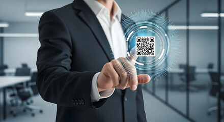 Professional Man Touching Glowing Qr Code in Modern Office