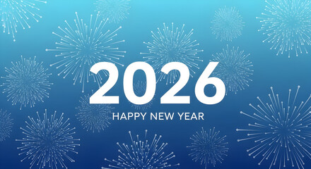 White 2026 New Year on Gradient Blue Background with Fireworks