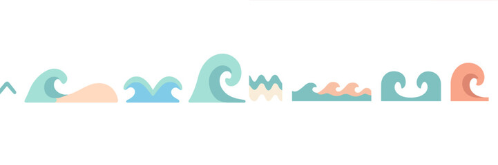 Colorful wave illustrations depicting various ocean movements and styles in a playful design