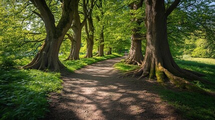 Fototapeta premium Sunlight-drenched path through a lush forest