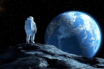 An astronaut stands looking towards the Earth from outer space