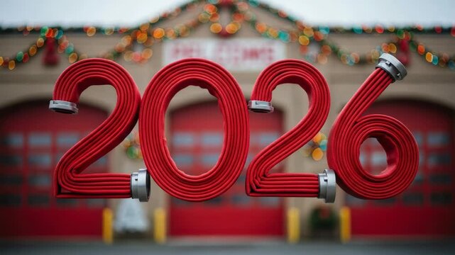2026 New Year greeting made from red fire hoses in front of a decorated fire station. Holiday concept for firefighters and emergency services.