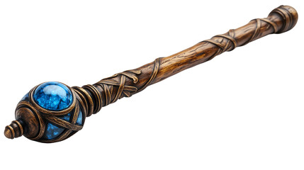 Enchanted wooden sorcery wand with brilliant blue jewel embedded at the top for spell casting on transparent background