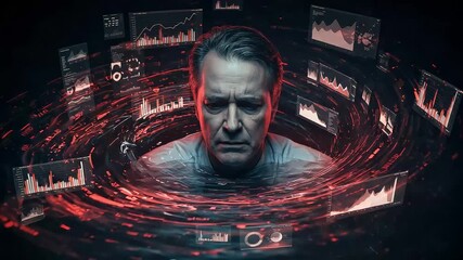 A man submerged in water surrounded by data charts  glowing red streaks looks stressed - Powered by Adobe