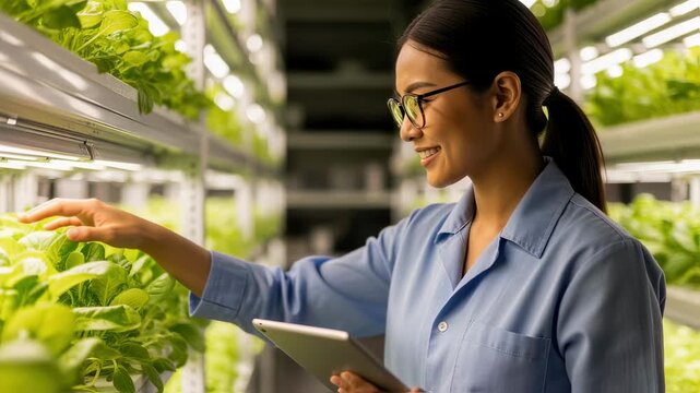 Agricultural technician using digital tablet to track growth of indoor vertical farm plants.