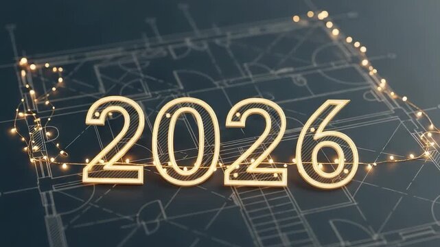 2026 illuminated numbers on an architectural plan. New year construction project and home building goals.