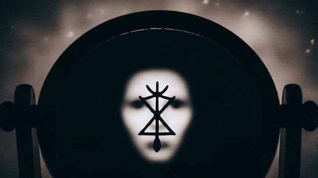 Berserker bindrune symbol reflected in a dark mirror with a ghostly face. Occult, pagan, and mystical concept.