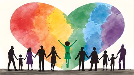 Diverse group of people holding hands in front of a large rainbow heart
