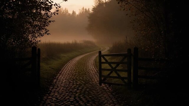 A mysterious cobblestone path winds through an open wooden gate into a dark, foggy forest. Atmospheric rural landscape at twilight.