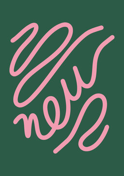 text New in Pink Wavy Line and Green Background. Modern Abstract Art Design Template