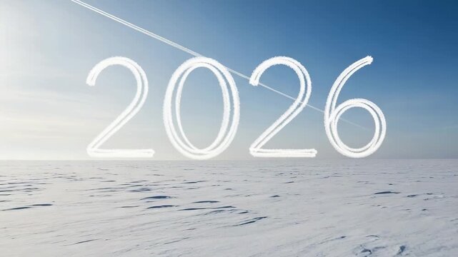 2026 written in the sky with clouds. New year concept over a snowy winter landscape with an airplane contrail.