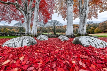 Majestic white birch trees with red leaves over large stones outdoors