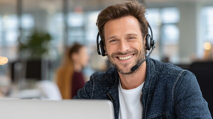 Man wearing headset with microphone, smiling while working on laptop. Technical support or customer service concept.