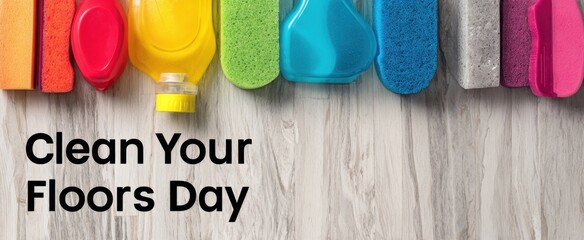 Clean your floors day celebration with colorful cleaning supplies on wooden floor,Clean Your Floors Day
