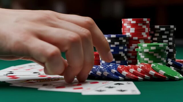 Stack of varied colored chips beside playing cards on a gaming table