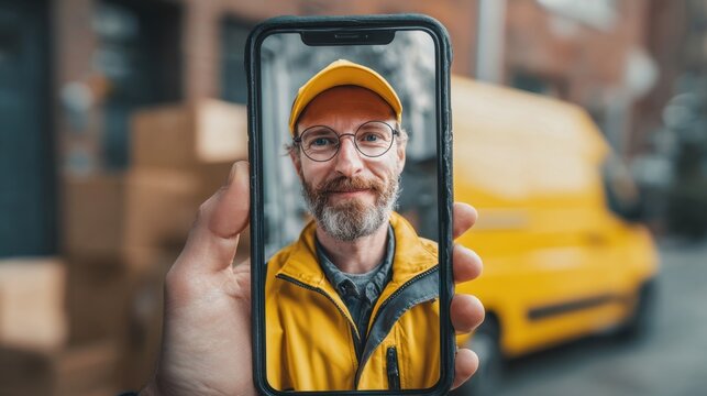 Closeup of a courier app interface on a smartphone as a gig worker takes a selfie for identity verification during the pickup process. This image illustrates the innovative use of biometric