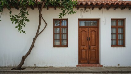 Narrow vigorous vine scaling the side of a white house