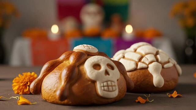 Pan de Muerto with a sugar skull decoration. Traditional Mexican bread for the Day of the Dead celebration on an ofrenda with marigolds and candles.