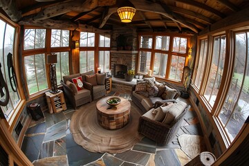 Rustic sunroom interior with stone fireplace, wicker furniture, and natural light windows