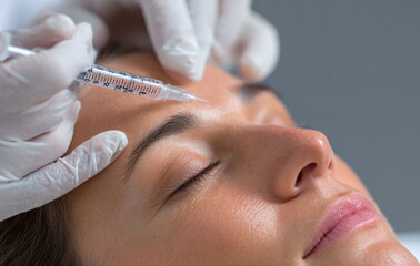 Woman receiving an anti-aging beauty injection from a doctor. Cosmetic procedure for skin rejuvenation and wrinkle removal.