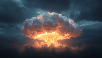 A dramatic mushroom cloud explosion with dark stormy clouds in the background at dusk or dawn