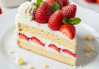 Elegant Slice of Strawberry Shortcake with Fresh Berries and Mint Garnish