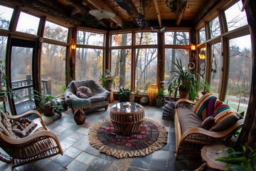 Cozy sunroom retreat with wicker furniture and forest views, creating a tranquil indoor oasis